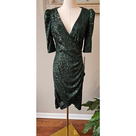 NWT Calvin Klein‎ Ruched Sequined Cocktail Wrap Sheath Dress Women Size 8 Green - Picture 2 of 7
